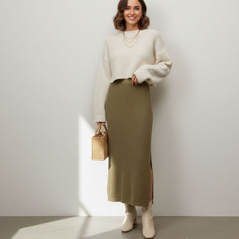 Miou Muse Knit Maxi Sweater Skirt Women sz Medium Khaki Quiet Luxury Preppy